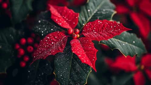 Crimson holly leaves glitter softly under winter morning light