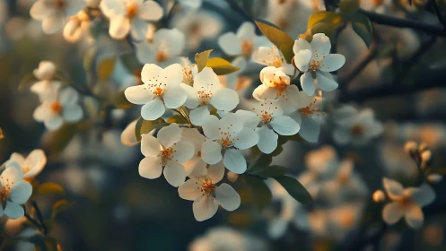 White flowering tree blossoms in golden sunlight