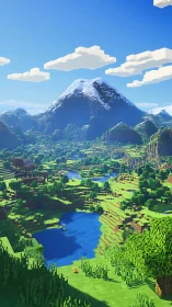 Peaceful blocky valley under bright pixelated skies.