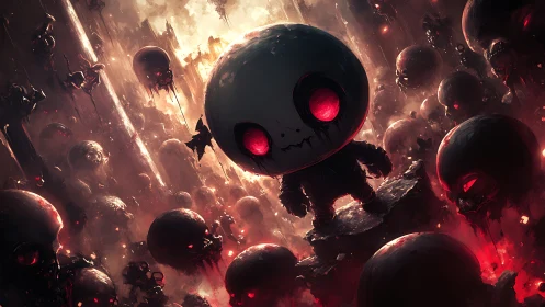 Chibi skull figure amid glowing red-eyed floating heads.