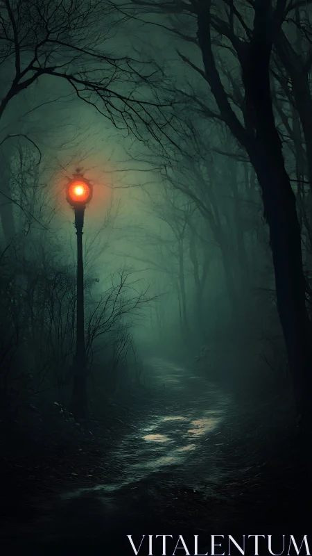 Red signal lamp illuminates mist-laden forest path at night