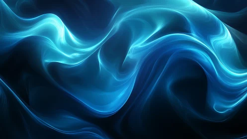 Luminous cyan waveforms drifting through deep shadowed void.