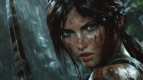 Mud streaked woman with bow stares forward in heavy rain