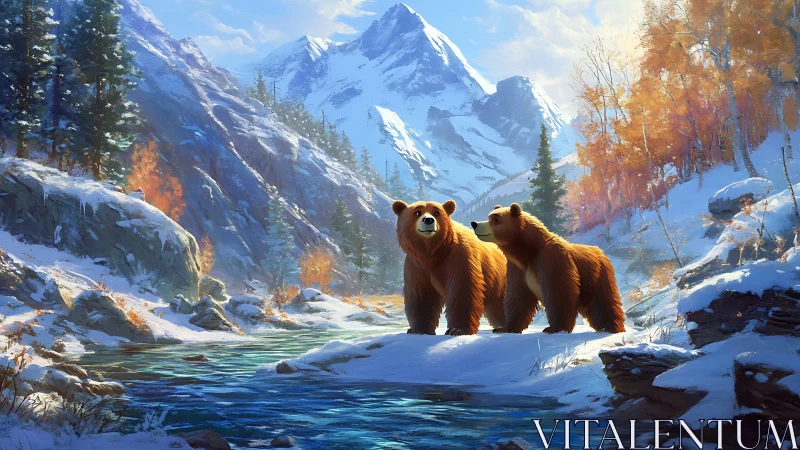 Brown bears share a quiet moment in a snowy mountain valley.