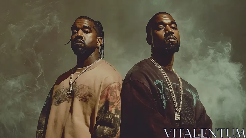 Moody double portrait of man in chains amid swirling smoke.