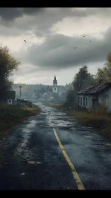 Wet rural road leading toward distant village church tower.