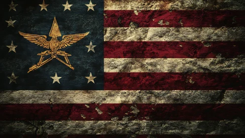 Weathered American flag with golden military crest overlay