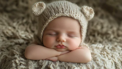 Sleeping Newborn in Cream Knit Bear Hat on Textured Fabric.