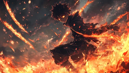 Anime fire-wielder in dynamic inferno composition, low angle.