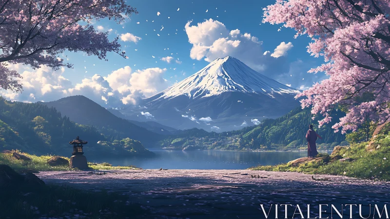 Cherry blossom lake reflects snowcapped mountain at sunrise