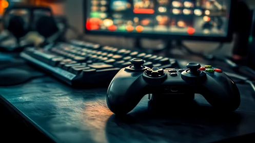 Gaming controller on desk in dim PC setup environment.