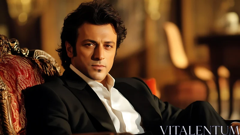 Elegant man in black suit reclines in warm, opulent setting.