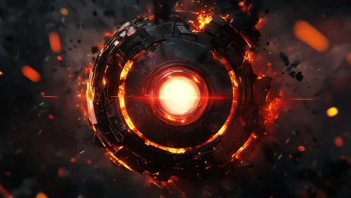 Circular mechanical core with molten outer ring in space.