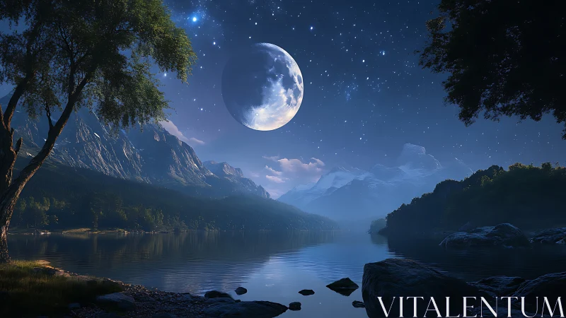 Moonlit alpine lake under clear star-filled night sky.