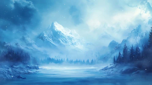 Peaceful winter mountains wrapped in soft blue morning light.