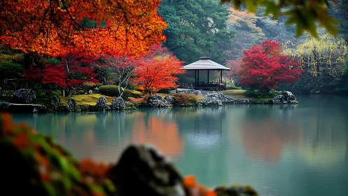 Serene Japanese garden pavilion framed by autumn foliage.