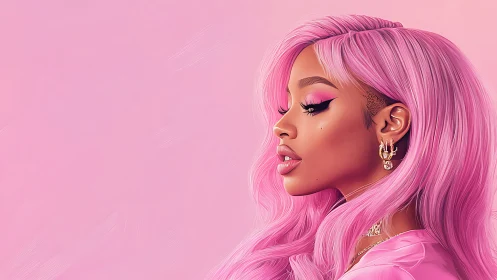 Vibrant pink portrait of stylish woman in profile view.