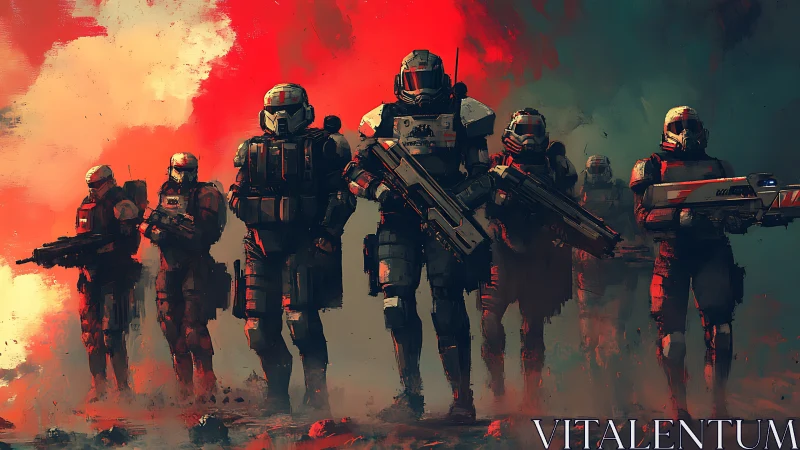 Heavily armored sci fi infantry squad advancing through red haze