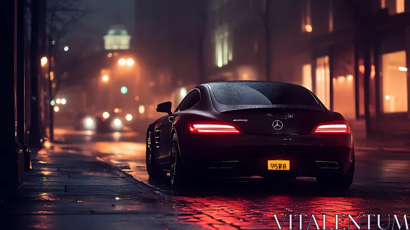 Sleek Mercedes coupe glows on a rainy neon city street at night