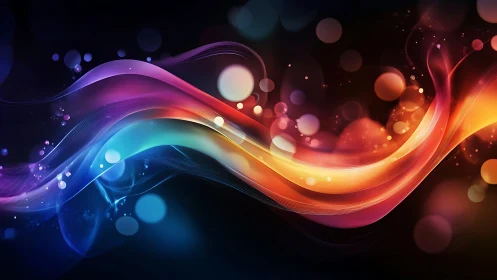 Chromatic lightwave ribbons with bokeh particles on black field