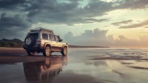 Off-road SUV parked on reflective wet beach at pastel sunset