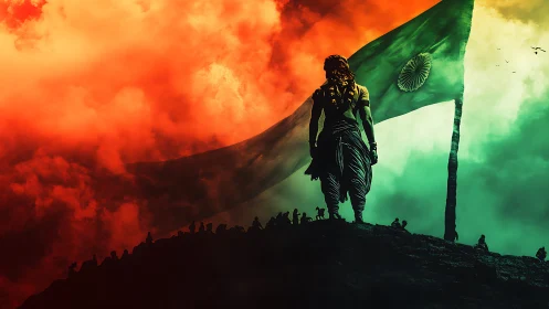 Heroic figure standing proud before glowing Indian flag.