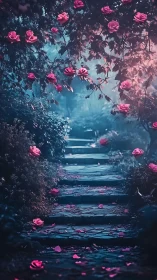 Moonlit stone stairway beneath drifting rose canopy at dusk.