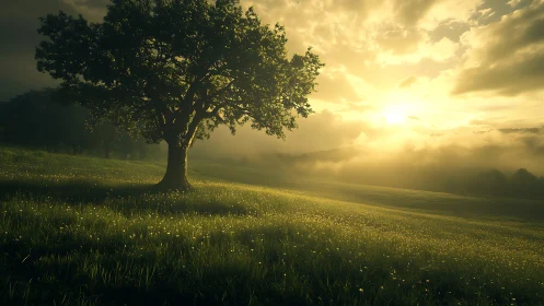 Solitary meadow sentinel bathing in golden sunrise hush.