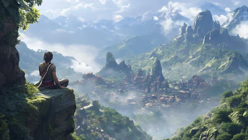 Figure on cliff overlooking misty valley city and mountains.