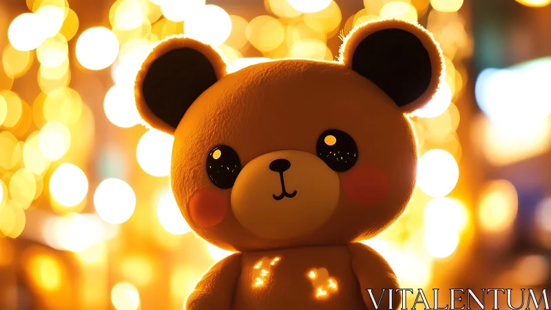 Plush bear figure set against defocused circular light bokeh