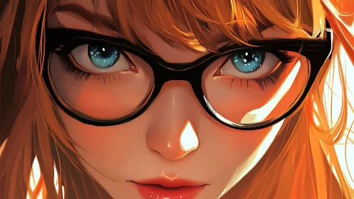 Intense blue-eyed girl in glasses gazes with quiet resolve