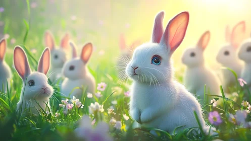 Cute white rabbits sit in bright meadow with soft sunlight.