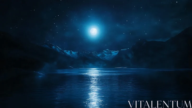 Lunar reflection over alpine lake with high-contrast nocturnal lighting