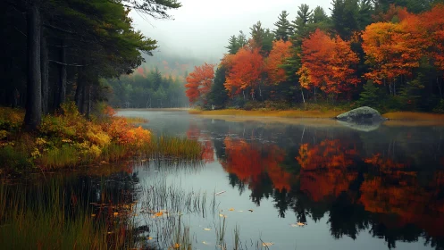 Autumn forest shoreline reflected in calm misty lake surface.