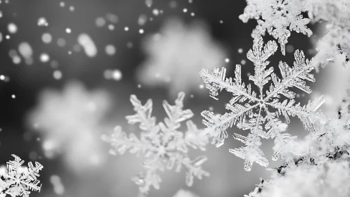 Macro photograph isolates crystalline snowflakes in soft bokeh field