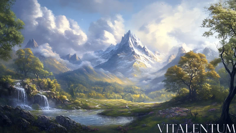 Majestic snow peak above tranquil valley and waterfalls.