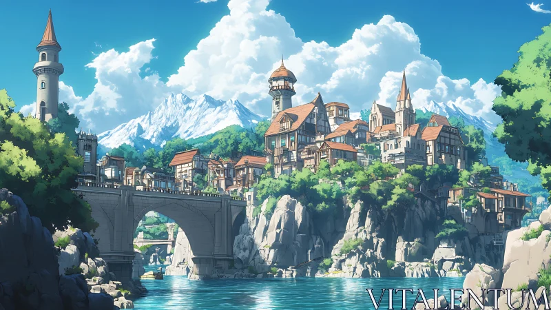 Riverside cliff town with bridges beneath alpine mountains.