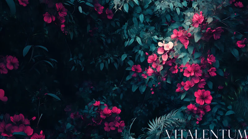 Bright magenta flowers cluster against deep teal foliage