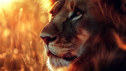 Majestic lion profile in golden backlit savanna glow.