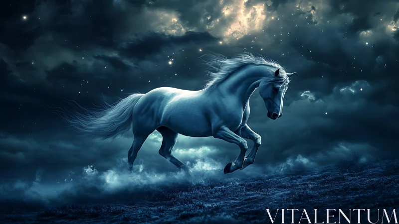 Celestial white stallion gallops through dramatic starlit storm.