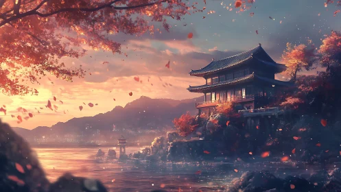 Lakeside pagoda glows under autumn sunset sky and leaves