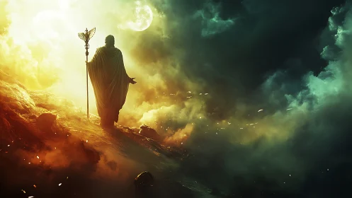 Cloaked mage ascends a burning ridge under a spectral moon