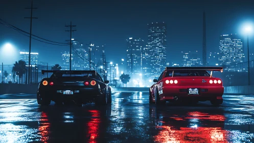Street racers under neon city lights at night storm.