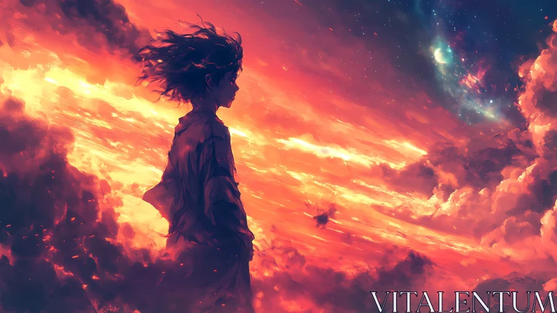 Silhouetted figure observes volumetric nebula sky at sunset edge