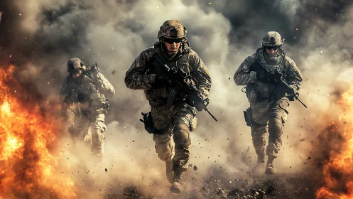 Three tactical soldiers advance through explosions in combat