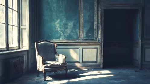 Soft sunlight on a forgotten vintage armchair in blue room.