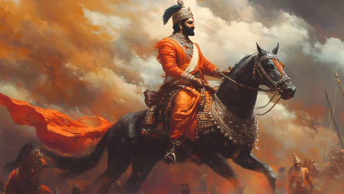 Storm-bright warrior king rides through embers and cloudlight