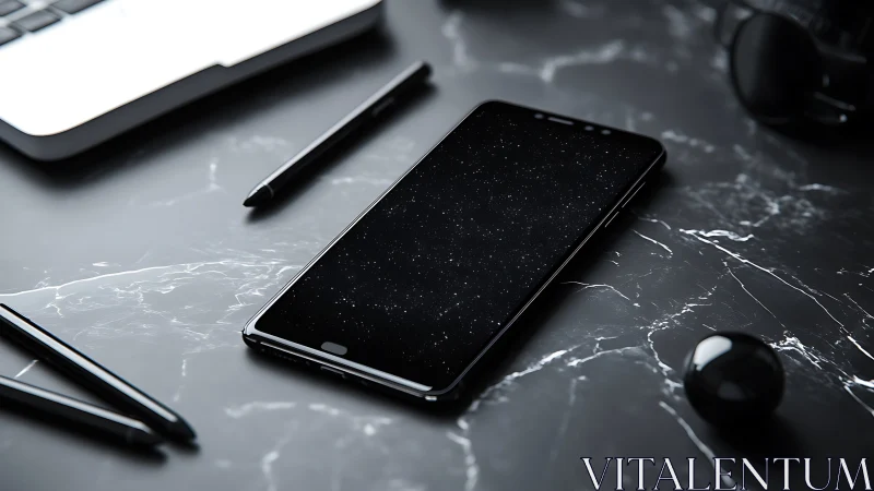 Modern Tech Workspace: Smartphone with Starfield Display on Black Marble.