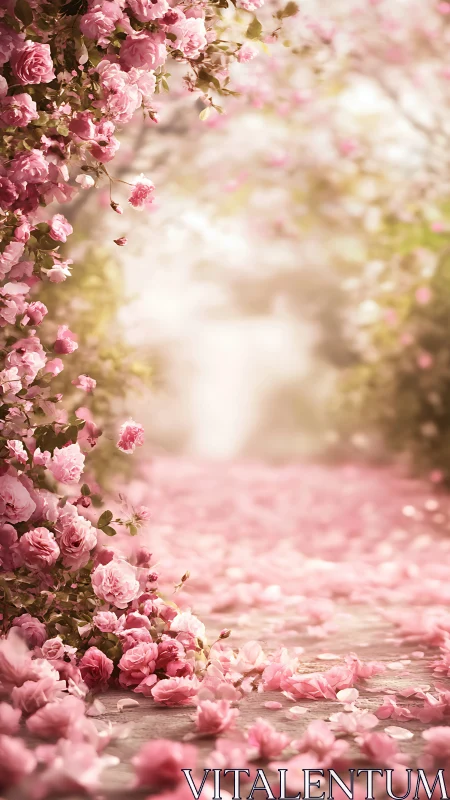 Pink roses frame tranquil garden pathway beneath soft light.