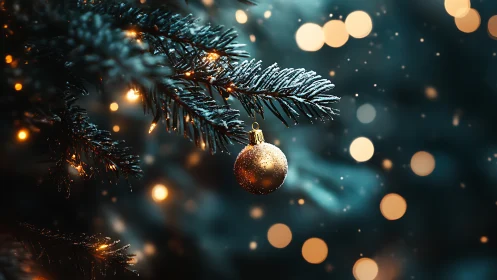 Golden bauble on frosted fir branch with festive bokeh glow.